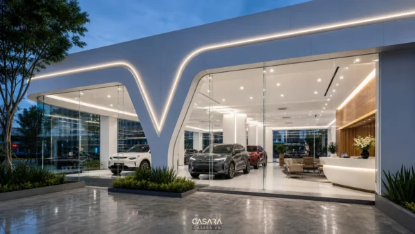 thi công showroom VinFast mặt tiền kính với logo VinFast và ô tô trưng bày