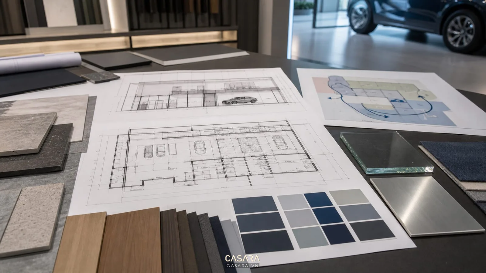 bản vẽ thiết kế showroom VinFast với mẫu vật liệu và sơ đồ trưng bày ô tô