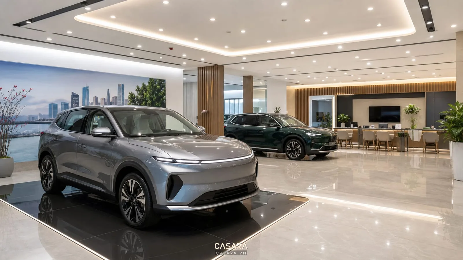 khu trưng bày ô tô VinFast trong showroom cao cấp với sàn bóng và đèn trần
