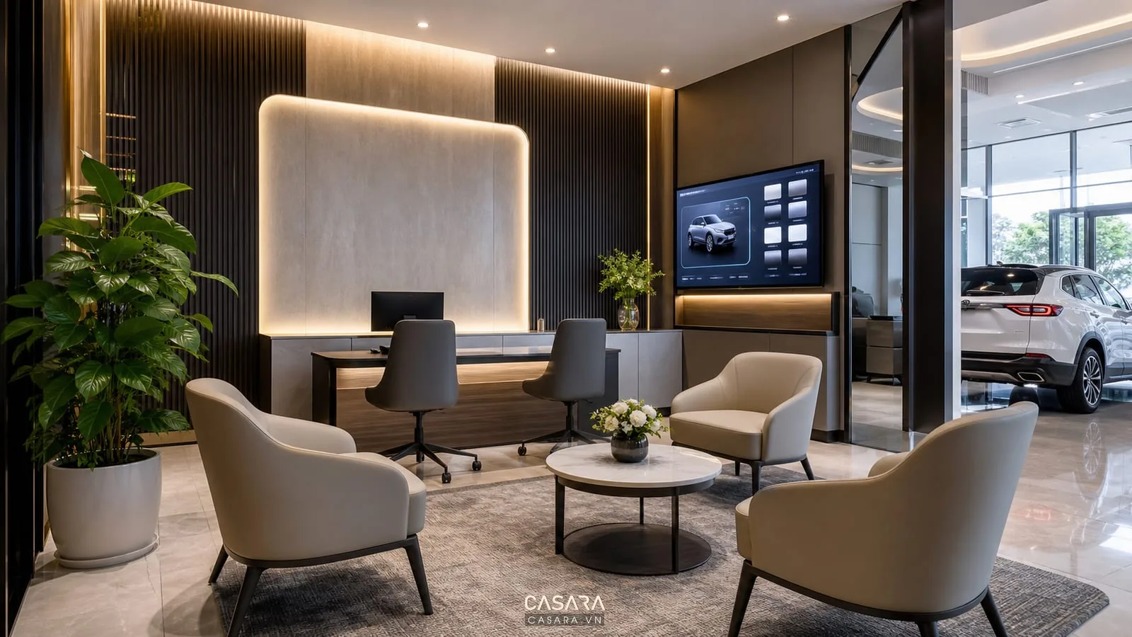 quầy tư vấn showroom VinFast có ghế chờ màn hình thông tin xe và vách hiện đại