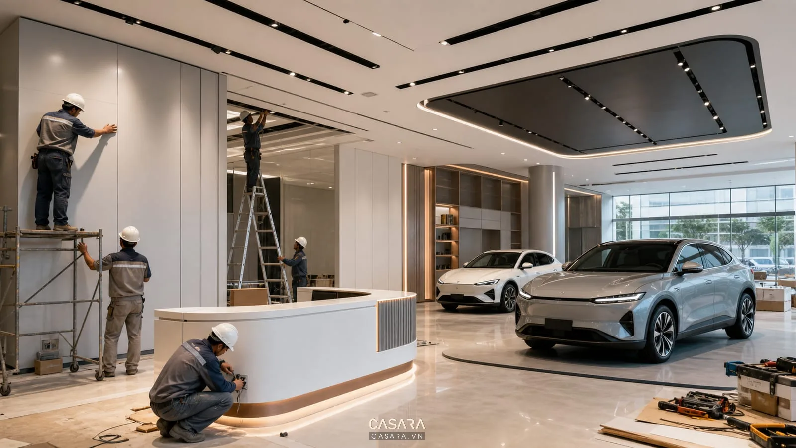 đội thi công nội thất showroom VinFast lắp đặt vách đèn và quầy tiếp đón
