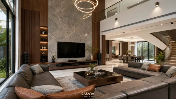 Phòng khách biệt thự hiện đại với sofa lớn vách tivi gỗ đá và ánh sáng tự nhiên