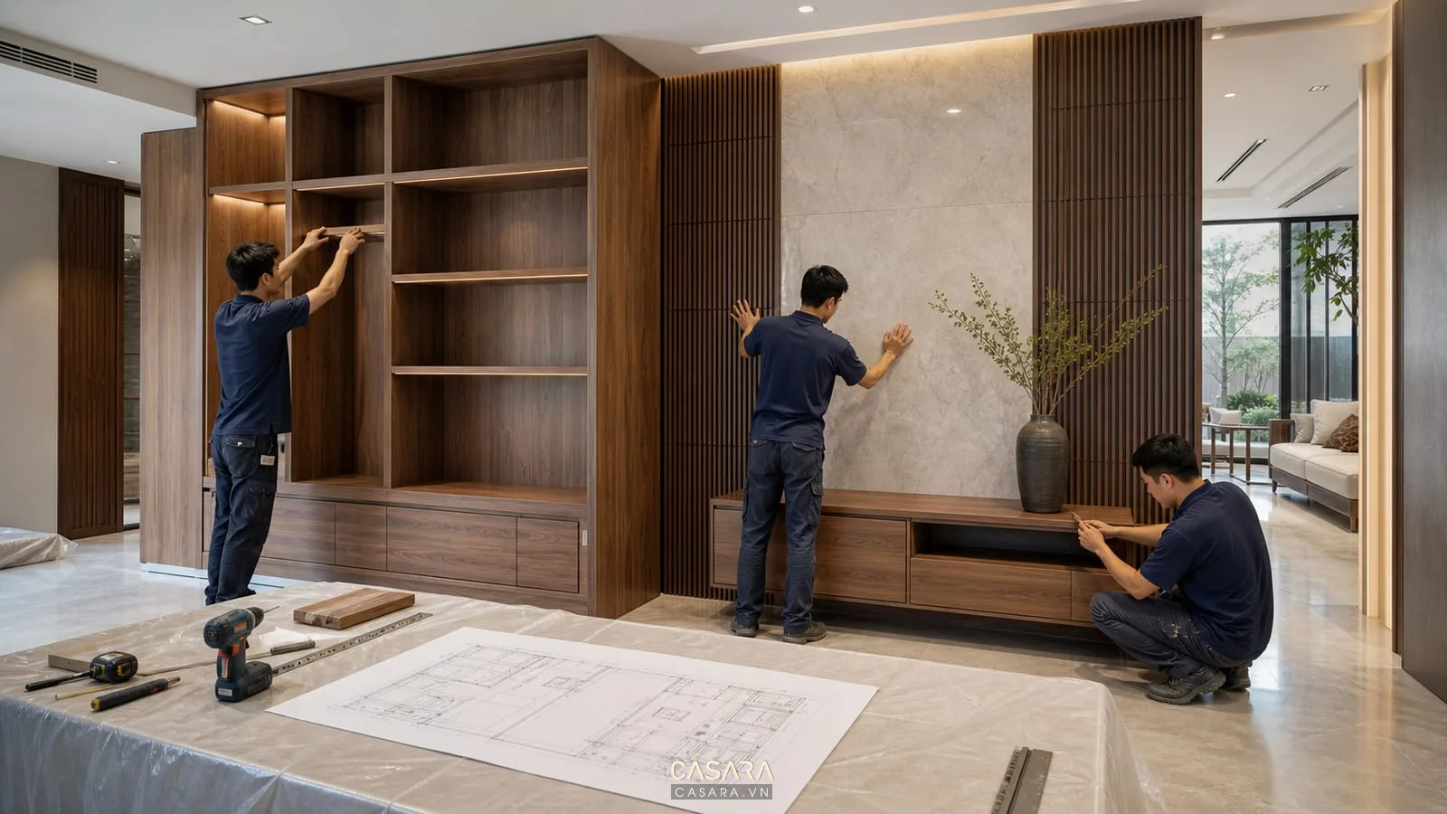 Thi công nội thất biệt thự hiện đại với hệ tủ gỗ và bản vẽ kỹ thuật tại công trình