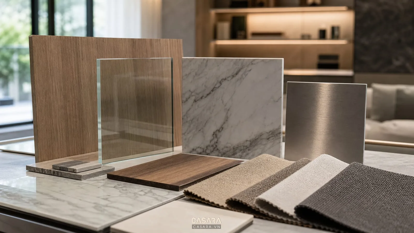 Bảng vật liệu biệt thự hiện đại gồm gỗ veneer đá marble kính kim loại và vải sofa
