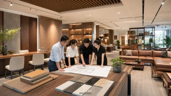 Nhóm thiết kế xem bản vẽ mặt bằng trong showroom nội thất có khu trưng bày sofa và vật liệu