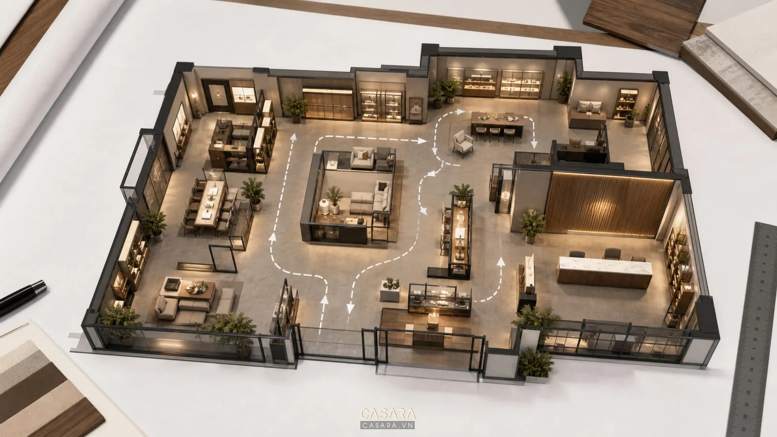 mặt bằng thiết kế showroom có tuyến di chuyển khu trưng bày quầy tư vấn và vách thương hiệu