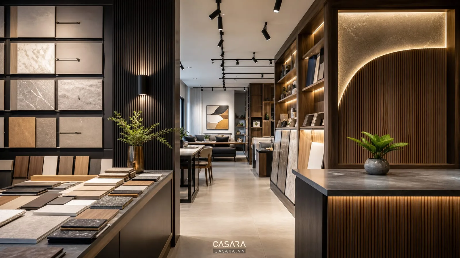 showroom nội thất với bảng vật liệu gỗ đá kim loại đèn chiếu điểm kệ trưng bày và vách thương hiệu