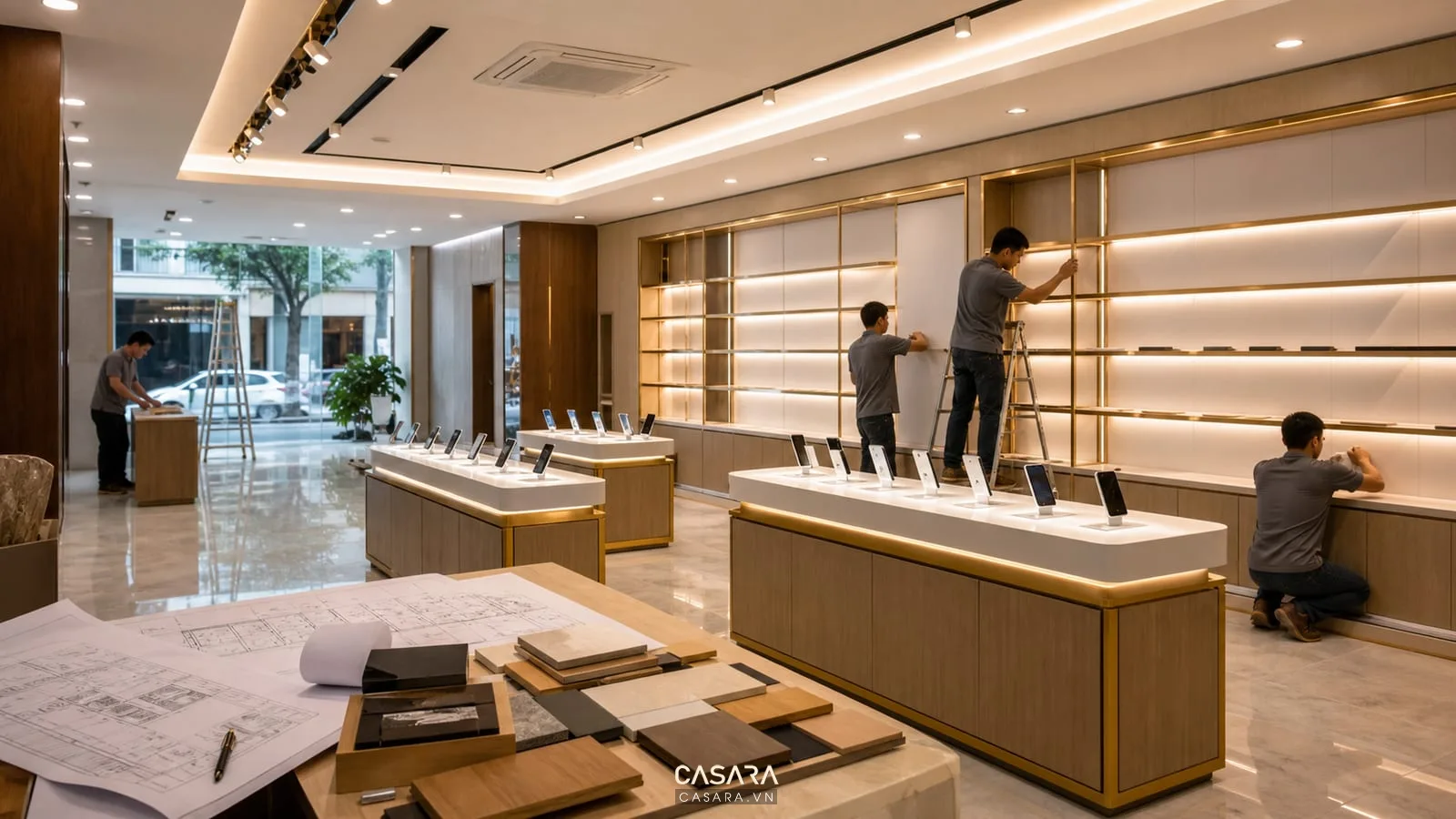 thi công showroom điện thoại với bàn trưng bày điện thoại hệ đèn bản vẽ kỹ thuật và mẫu vật liệu