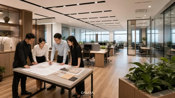 thi công thiết kế văn phòng hiện đại với khu làm việc mở và bản vẽ nội thất