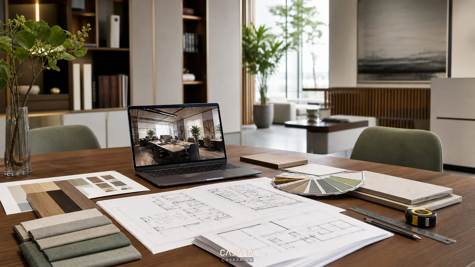 bản vẽ thiết kế văn phòng với mẫu vật liệu và phối cảnh nội thất