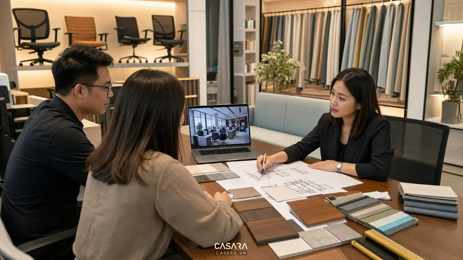Tư vấn thi công và thiết kế văn phòng với bản vẽ và mẫu vật liệu nội thất