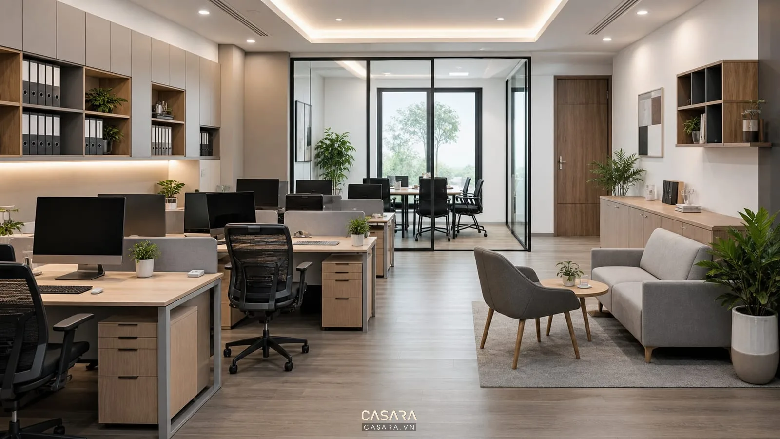 thiết kế văn phòng làm việc 50m2 có bàn làm việc và tủ hồ sơ