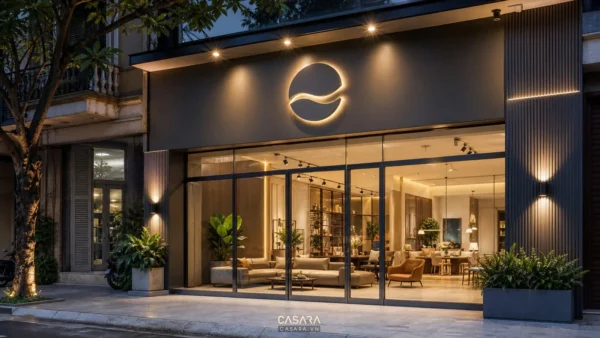 thiết kế bảng hiệu showroom ở mặt tiền cửa kính hiện đại