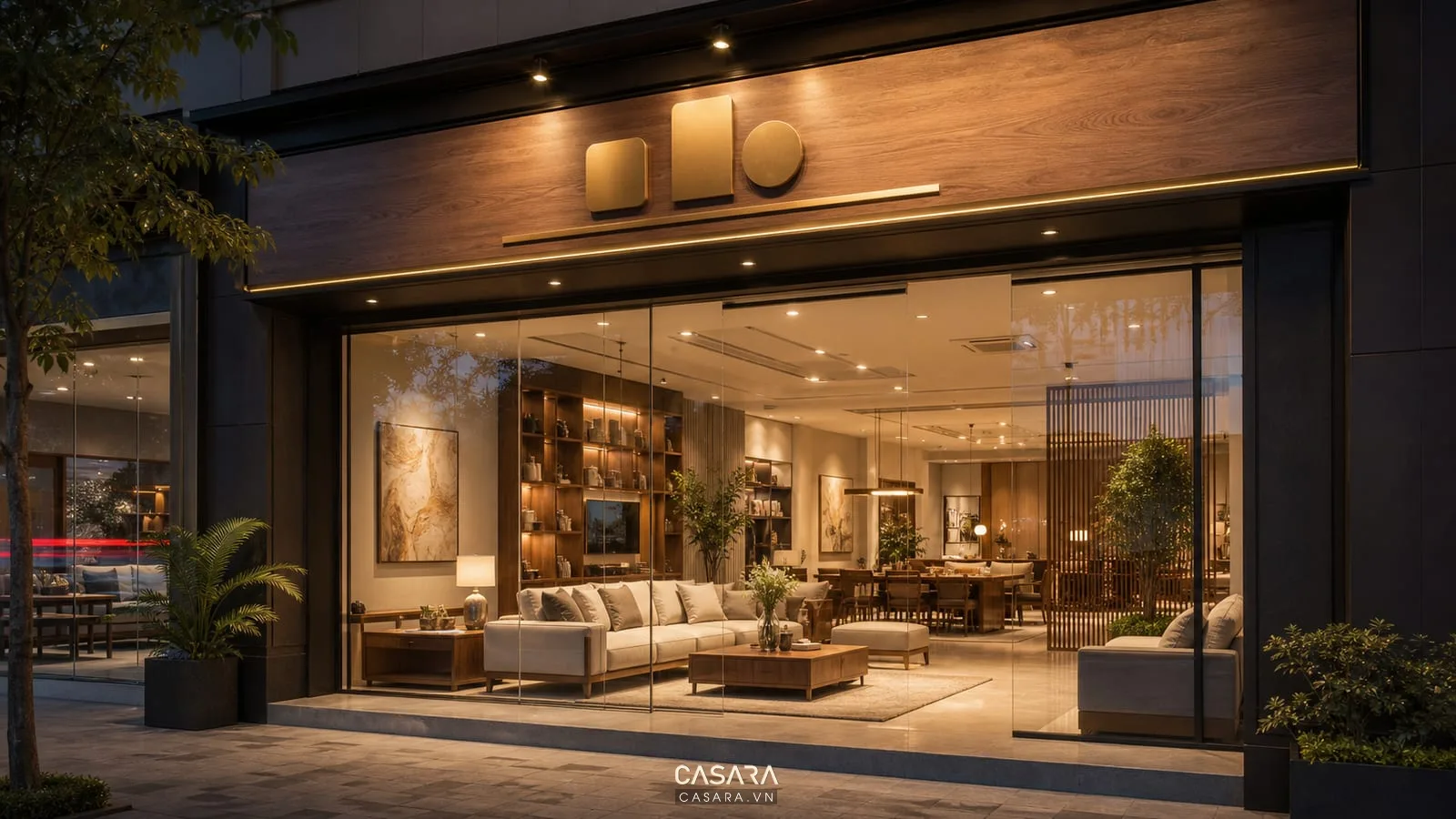 bảng hiệu showroom nội thất đồng bộ với không gian trưng bày