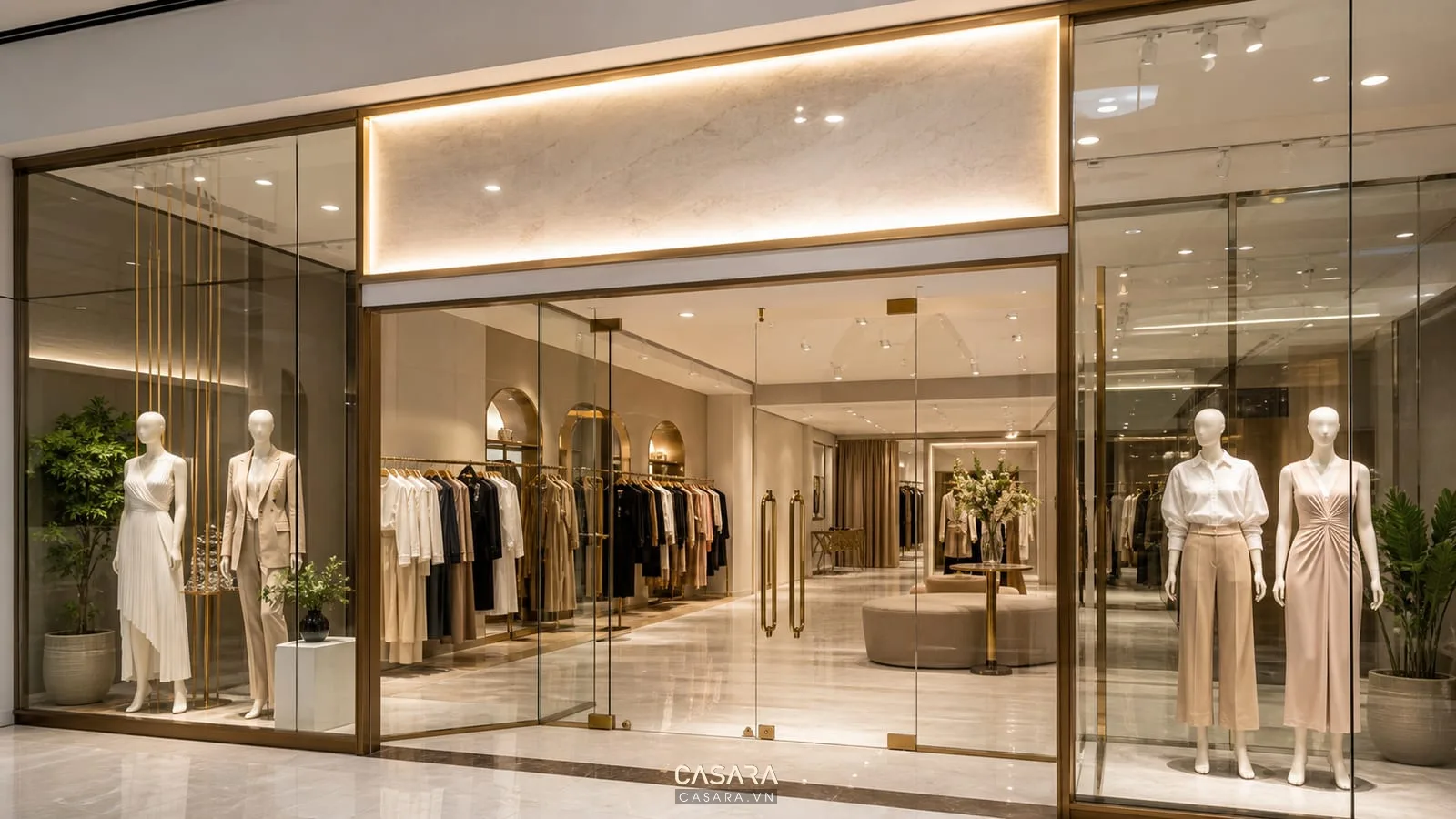bảng hiệu showroom thời trang với mặt tiền cửa kính và sản phẩm trưng bày