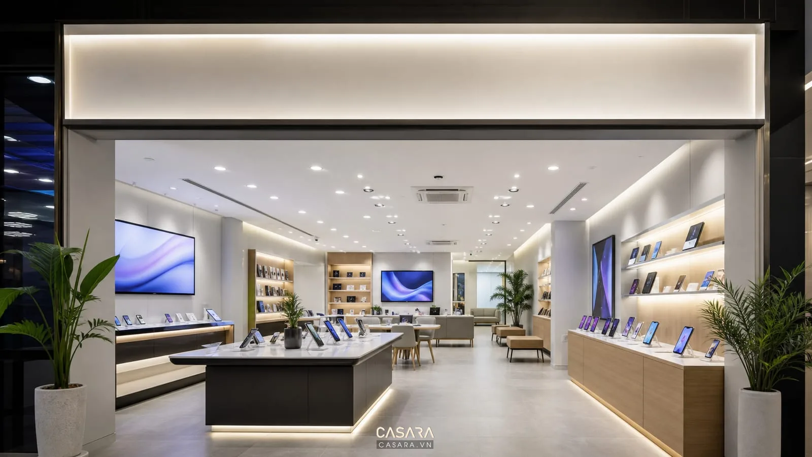bảng hiệu showroom điện thoại với quầy trải nghiệm sản phẩm