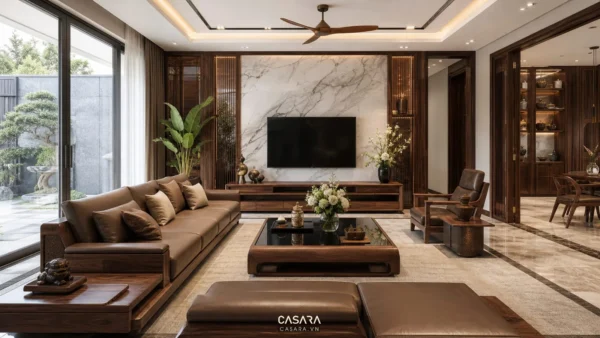 Phòng khách biệt thự cao cấp với sofa, bàn trà và ánh sáng tự nhiên