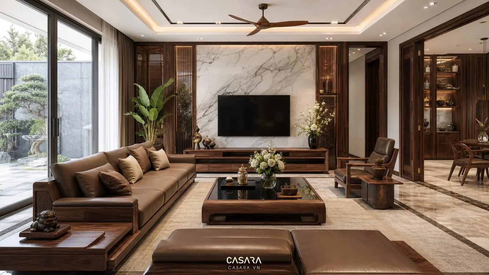 Phòng khách biệt thự cao cấp với sofa, bàn trà và ánh sáng tự nhiên