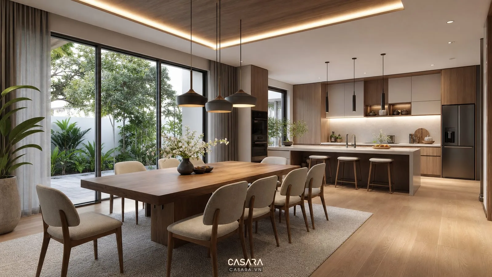 Phối cảnh 3D bếp ăn biệt thự hiện đại với đảo bếp và tủ cao
