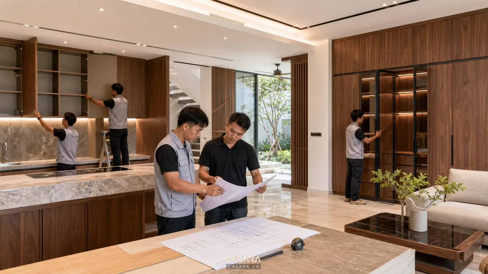 Thi công nội thất biệt thự hiện đại với tủ bếp và vách ốp gỗ