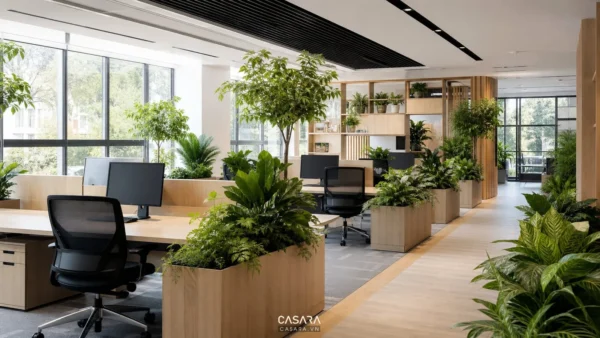 thiết kế cây xanh văn phòng hiện đại với khu làm việc mở, cây xanh, ánh sáng tự nhiên và nội thất gỗ sáng