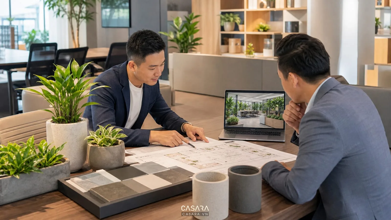 tư vấn thiết kế cây xanh văn phòng với bản vẽ mặt bằng, mẫu vật liệu, chậu cây xanh và phối cảnh 3D