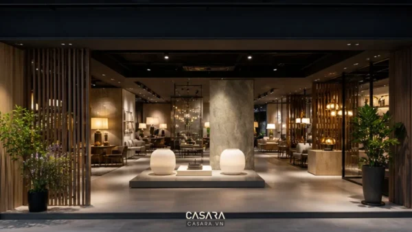 Lối vào showroom hiện đại với ánh sáng dẫn hướng, khu trưng bày sản phẩm nổi bật và lối đi thoáng cho khách tham quan.