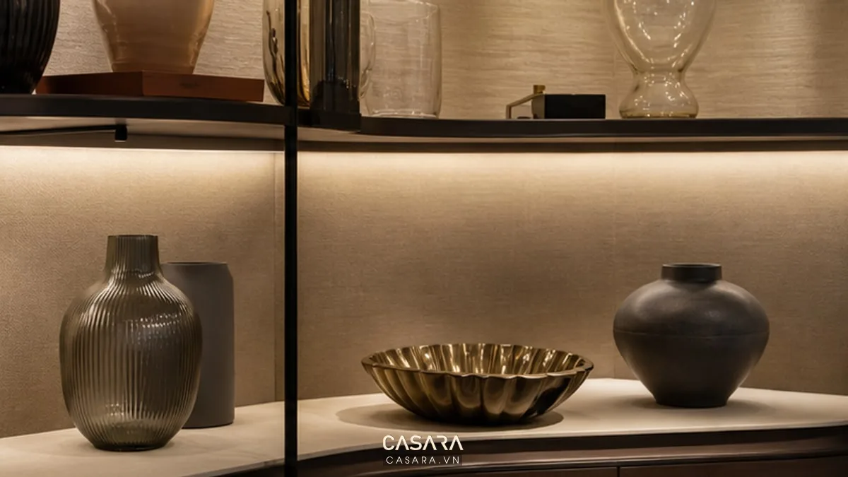 Cận cảnh sản phẩm trong showroom được chiếu sáng bằng đèn nhấn mềm, thể hiện rõ vật liệu, màu sắc và chi tiết hoàn thiện.