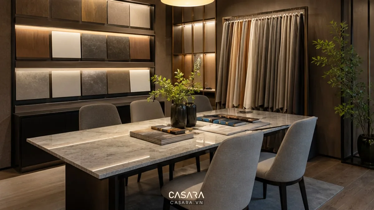 Góc tư vấn showroom với bàn mẫu vật liệu, ghế ngồi thoải mái, ánh sáng ấm vừa phải và kệ trưng bày phía sau.