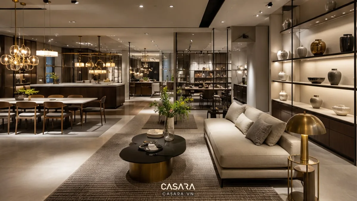 Toàn cảnh showroom cao cấp với nhiều lớp ánh sáng, khu trưng bày sản phẩm, lối đi rõ ràng và bàn tư vấn tinh tế.