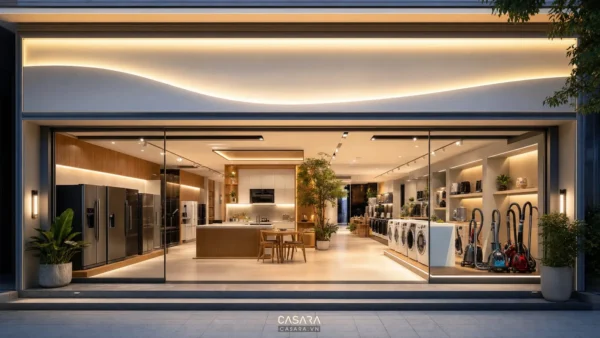 Cửa showroom đồ gia dụng mặt kính rộng với tủ lạnh, máy giặt, máy hút bụi, khu bếp mẫu, bảng hiệu sáng và lối vào thoáng.