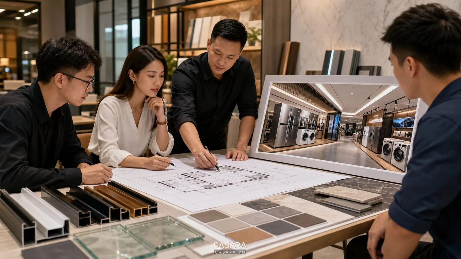 Đội ngũ thiết kế xem bản vẽ cửa showroom đồ gia dụng, mẫu khung kim loại, mẫu kính, bảng màu và phối cảnh 3D có tủ lạnh máy giặt.