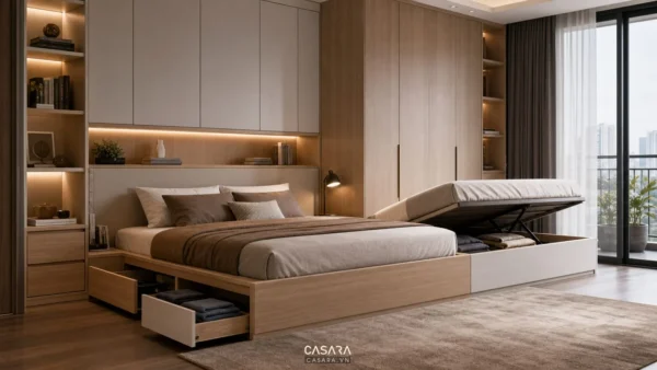 thiết kế giường thông minh trong phòng ngủ hiện đại có tủ liền tường