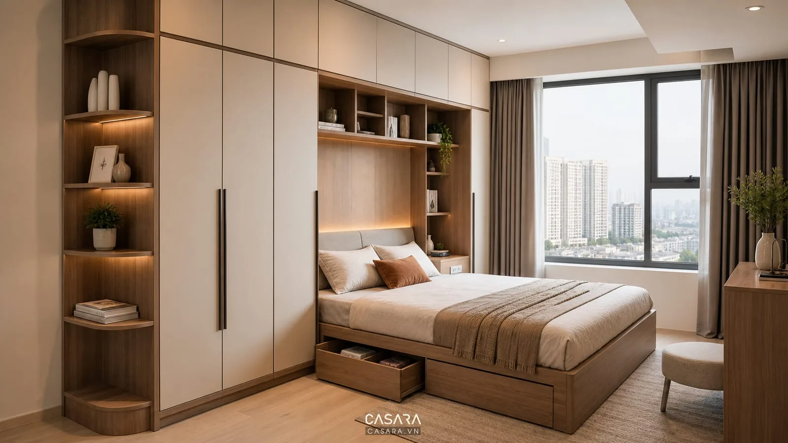 giường thông minh liền tủ với tủ quần áo cao kịch trần trong phòng ngủ