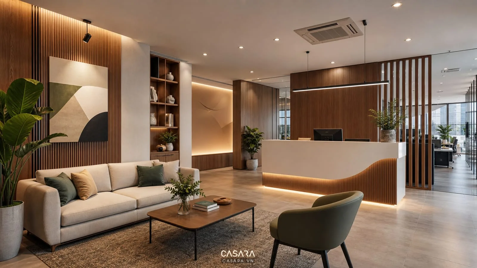 thiết kế văn phòng tiếp khách với sofa quầy lễ tân và vách gỗ