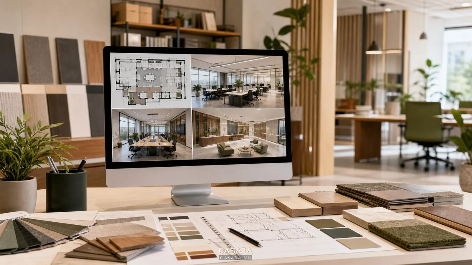 vẽ thiết kế văn phòng với bản vẽ mặt bằng và phối cảnh 3D khu làm việc