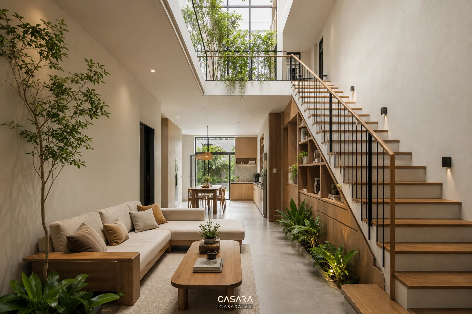 Cầu thang mở dưới giếng trời trong nhà liền kề giúp đưa ánh sáng xuống phòng khách và khu bếp.
