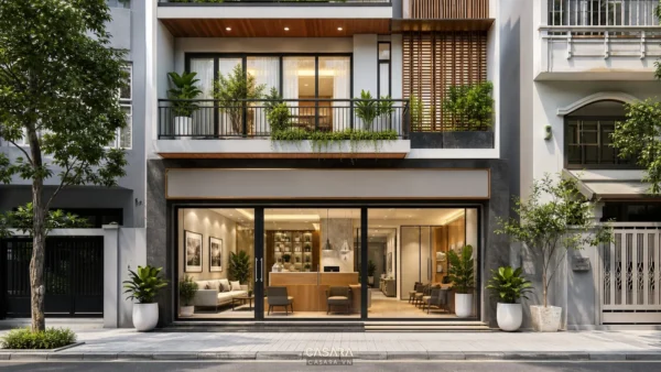Mặt tiền nhà ở kết hợp văn phòng hiện đại với tầng trệt kính và không gian làm việc