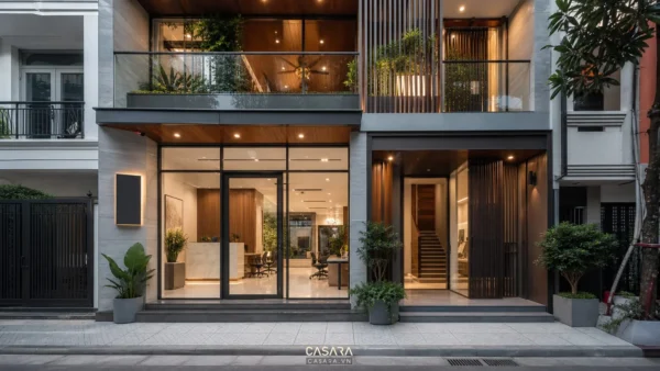 Thiết kế nhà ở kết hợp văn phòng cho thuê với lối vào riêng và mặt tiền hiện đại