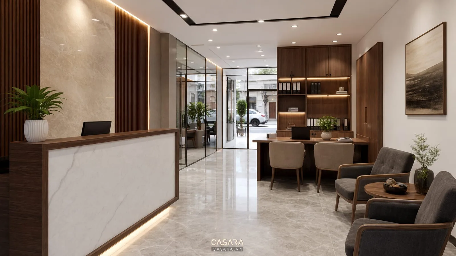 Nội thất tầng trệt nhà phố kết hợp văn phòng với quầy tiếp khách và tủ hồ sơ
