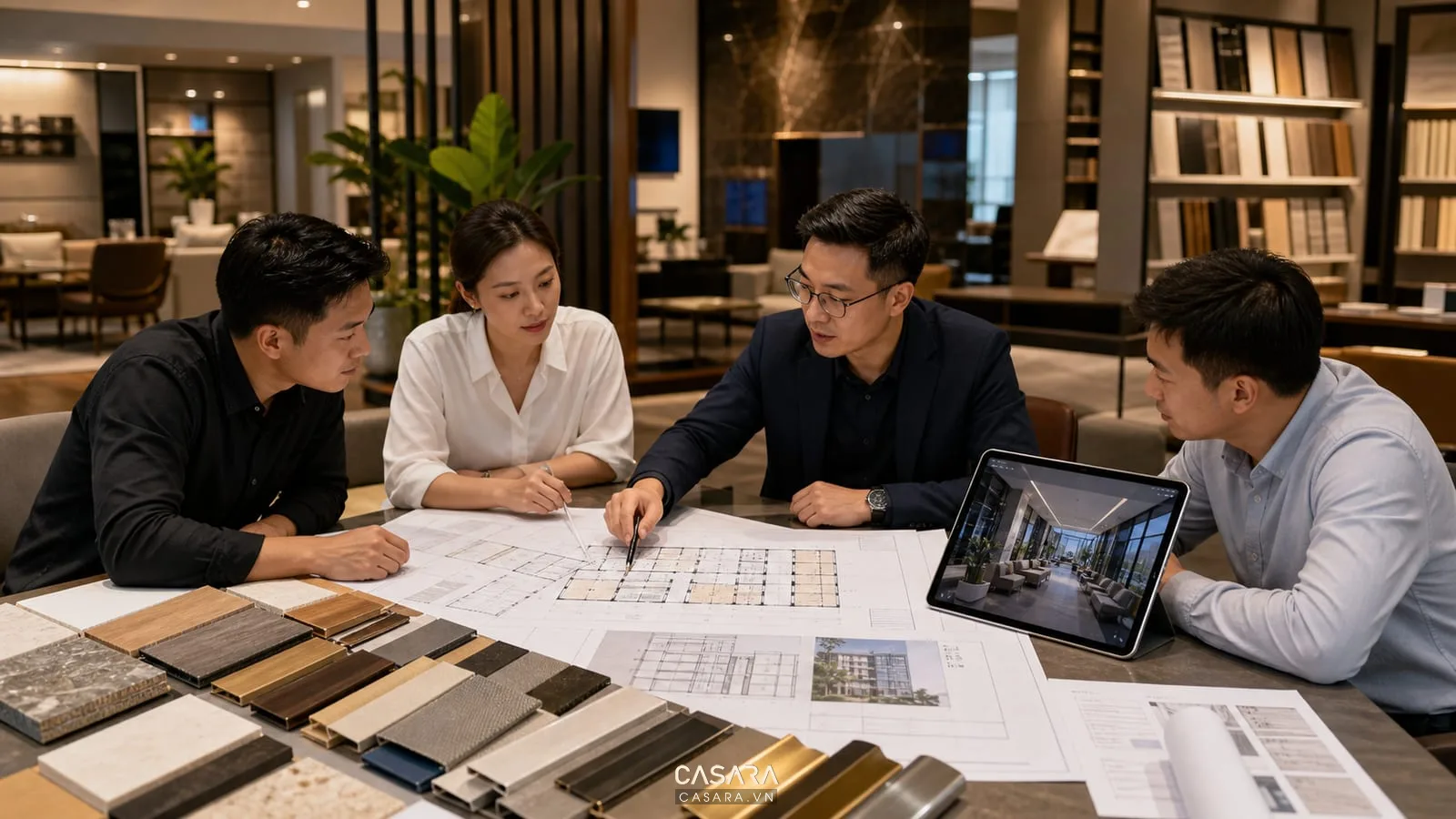 Tư vấn thiết kế nhà văn phòng 7 tầng với bản vẽ và mẫu vật liệu