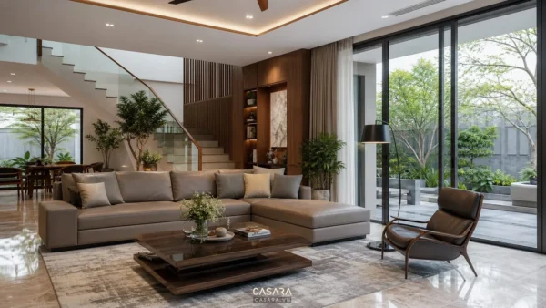 Thiết kế nội thất biệt thự hiện đại với phòng khách rộng, sofa, vách gỗ và cửa kính lớn