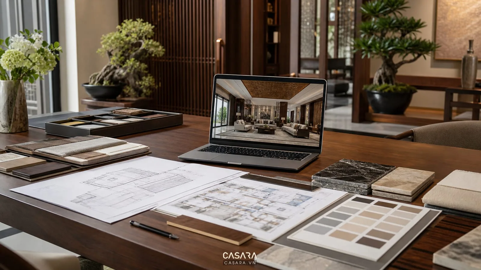 Hồ sơ thiết kế nội thất biệt thự với bản vẽ, phối cảnh 3D phòng khách, mẫu gỗ, đá và bảng màu