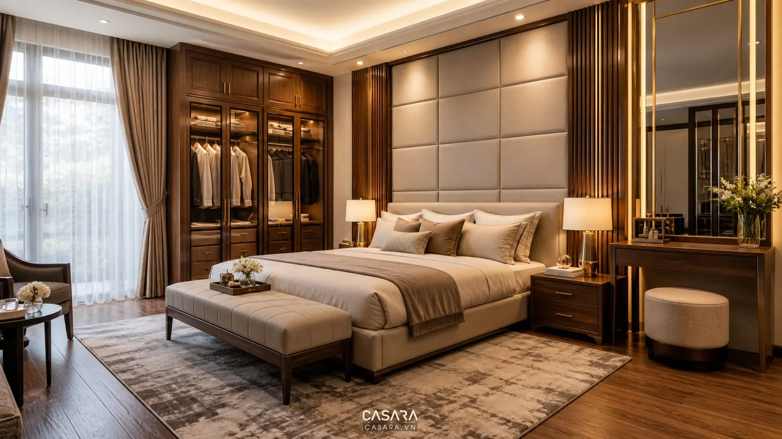 Thiết kế nội thất biệt thự phòng ngủ master với giường lớn vách đầu giường tủ áo và ánh sáng ấm
