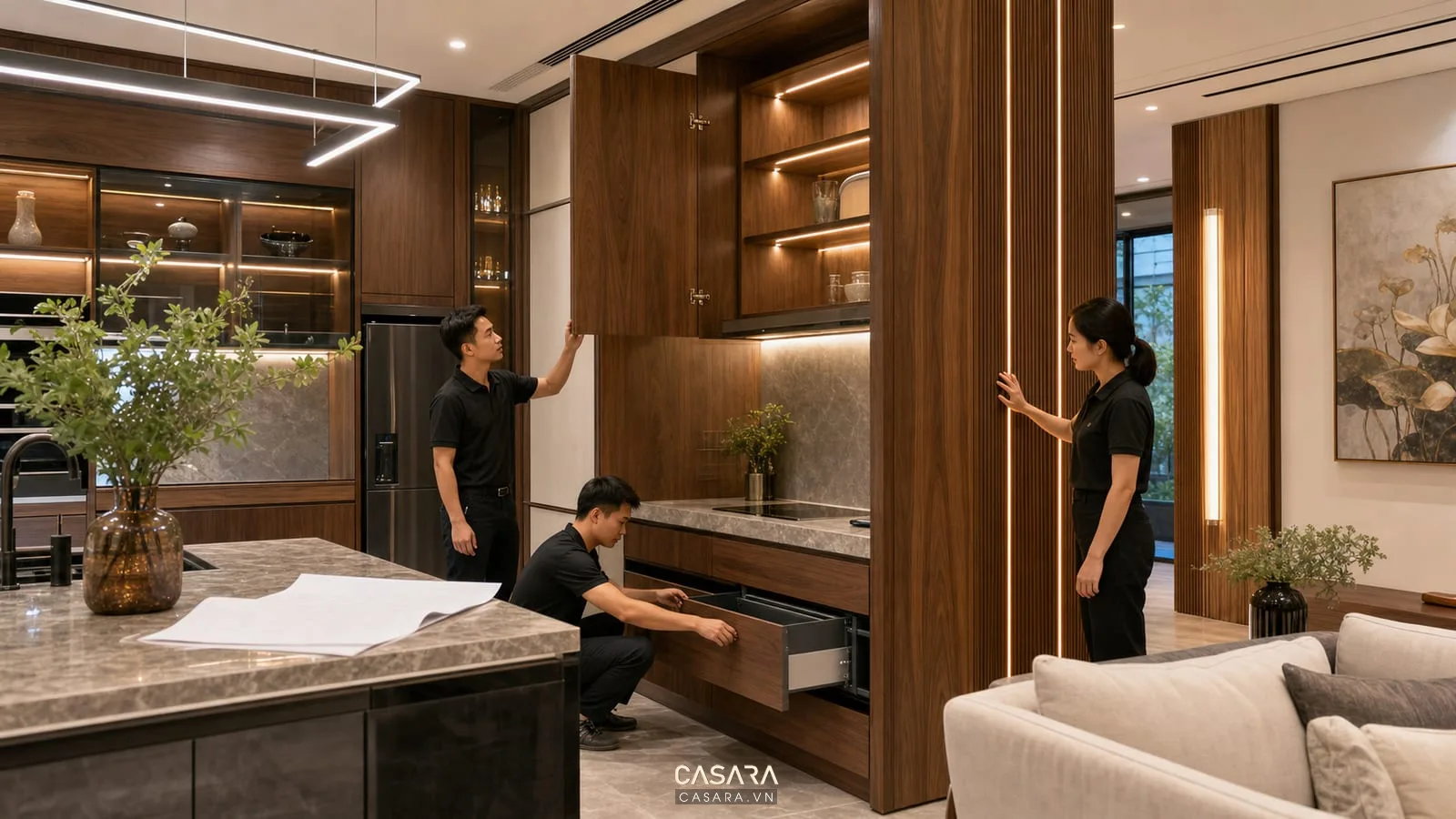 Thiết kế thi công nội thất biệt thự cao cấp với đội thi công kiểm tra tủ bếp vách gỗ đèn LED và bản vẽ