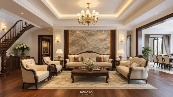 thiết kế nội thất biệt thự cổ điển phòng khách sofa đèn chùm phào chỉ