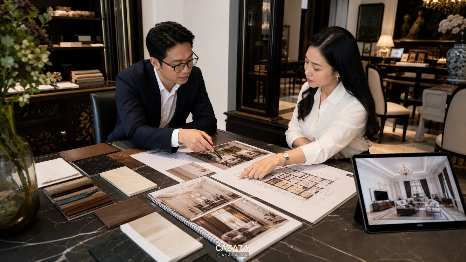 hồ sơ thiết kế nội thất biệt thự cổ điển phối cảnh bản vẽ mẫu vật liệu tư vấn