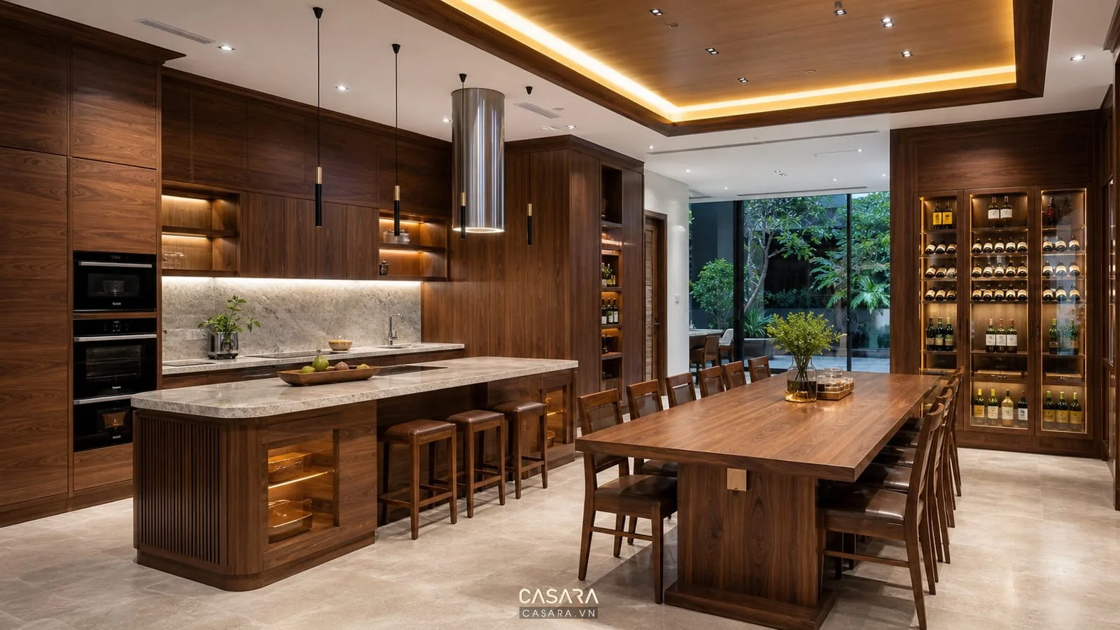 Thi công nội thất biệt thự gỗ óc chó khu bếp phòng ăn với đảo bếp tủ rượu và bàn ăn dài