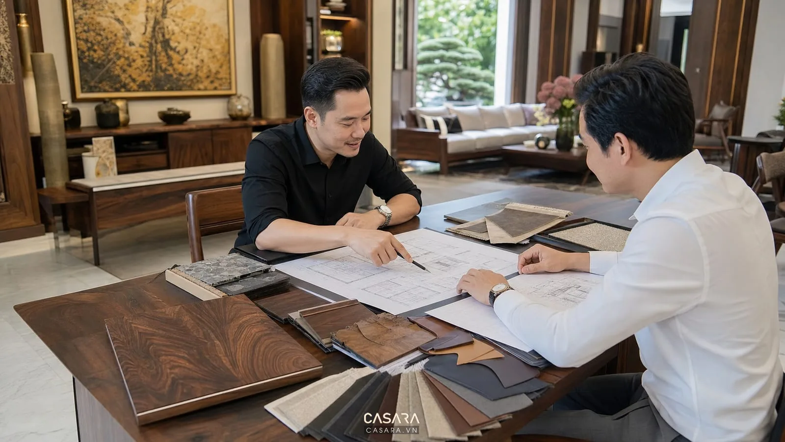 Hồ sơ thiết kế nội thất biệt thự gỗ óc chó với bản vẽ kỹ thuật mẫu gỗ đá da và vải trên bàn tư vấn