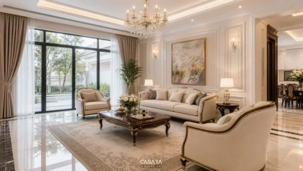 Thiết kế nội thất biệt thự tân cổ điển trong phòng khách rộng với sofa và đèn chùm